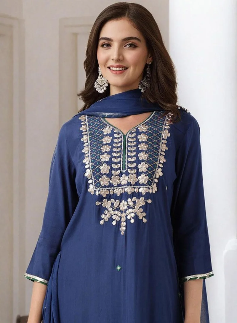 ISHIN  Women's Navy 100% Polyester Embellished Tunic Full Length Palazzo Straight Fit Kurta Set for Women | Best Price UAE